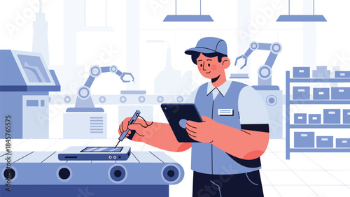 Quality control inspection in manufacturing facility, modern flat vector illustration, ideal for standards, safety, and industrial quality management themes