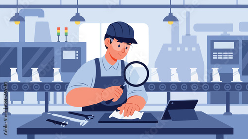 Quality control inspection in manufacturing facility, modern flat vector illustration, ideal for standards, safety, and industrial quality management themes