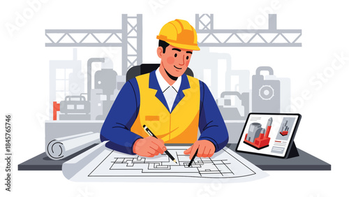 Vector illustration of an engineer designing industrial machinery at a desk using digital tools, showcasing mechanical engineering, product development, and modern manufacturing workflow in an office 