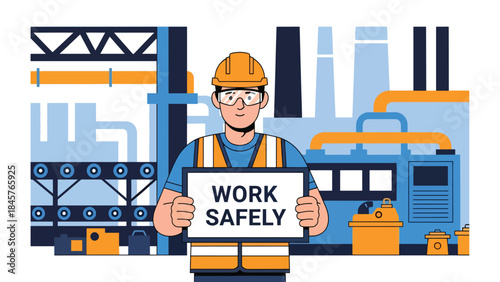 Vector illustration of a factory worker holding a work safely sign in an industrial facility, promoting workplace safety, occupational health, compliance training, and risk prevention in manufacturing