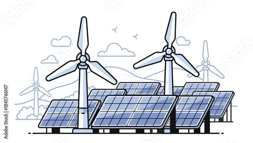 Renewable energy industry with wind turbines and solar panels, modern flat vector illustration, ideal for sustainable industry and clean energy themes