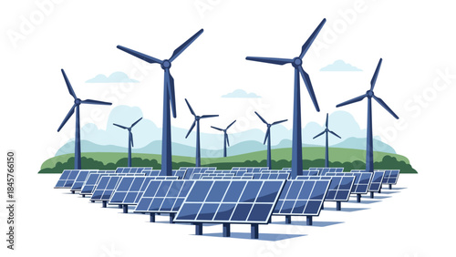 Renewable energy industry with wind turbines and solar panels, modern flat vector illustration, ideal for sustainable industry and clean energy themes