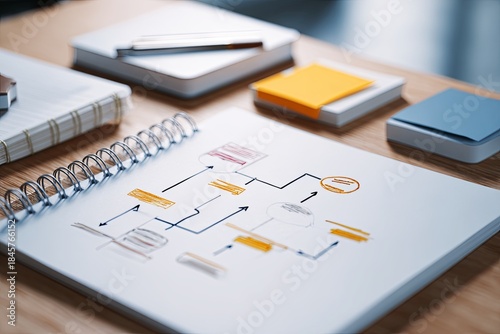 Overhead view (flat lay) of a clean, simple desk with notebooks/pens and a single stylized flow chart showing a clear path to market/launch, top view, roadmap, clean orga
