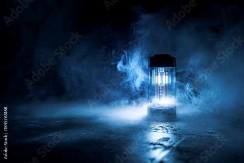 A clean, dramatic, moody shot of an isolated, glowing piece of scientific equipment (focused object) emitting a blue colored light, surrounded by smoke/mist, breakthrough