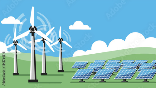 Renewable energy industry with wind turbines and solar panels, modern flat vector illustration, ideal for sustainable industry and clean energy themes