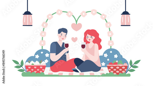A romantic couple enjoys a whimsical garden picnic with wine glasses and baskets of food under a floral archway with hanging lanterns