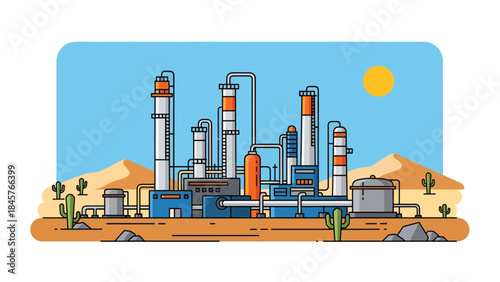 Oil and gas industrial facility with pipelines and tanks, modern flat vector illustration, ideal for energy, industry, and infrastructure content