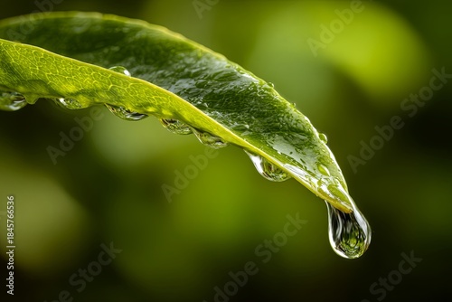 A clean, long exposure shot of the clean, fluid movement of water drops (smooth blur) falling onto a perfect, vibrant leaf, freshness, pure energy, cinematic light,