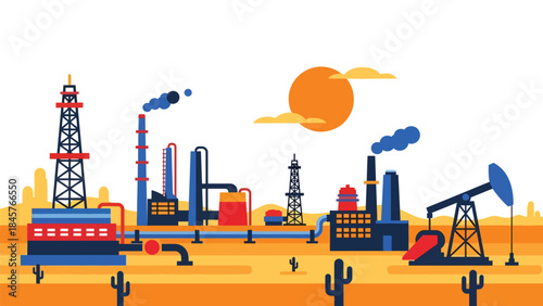 Oil and gas industrial facility with pipelines and tanks, modern flat vector illustration, ideal for energy, industry, and infrastructure content