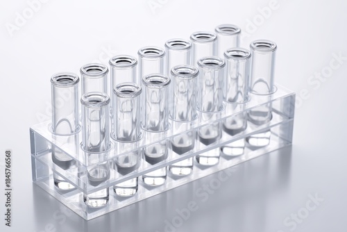 Clean, minimalist shot of a clean, simple test tube rack (focused detail) with identical, clear liquid samples isolated on a clean white surface, measurement, accuracy, c