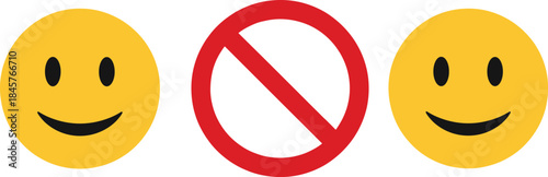 Set of Smiling Face Emojis with Red Prohibited Not Allowed Sign Vector