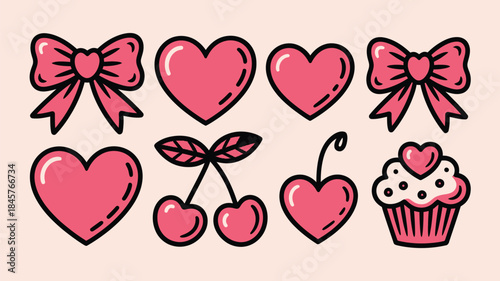 Cute pink heart and sweet treats illustrations