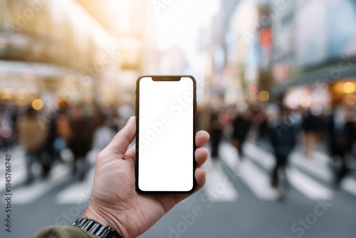 Hand holding smartphone with blank screen outdoors in urban setting with blurred background of pedestrians crossing the street