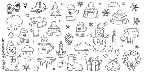 Hand-drawn collection of winter clothing and cozy seasonal items. Winter holiday doodle icon set with scarf, mittens, hats and snowflakes.