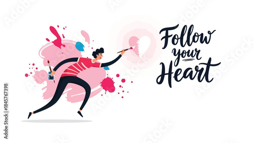 Woman with paintbrush running towards broken heart with colorful splashes around her