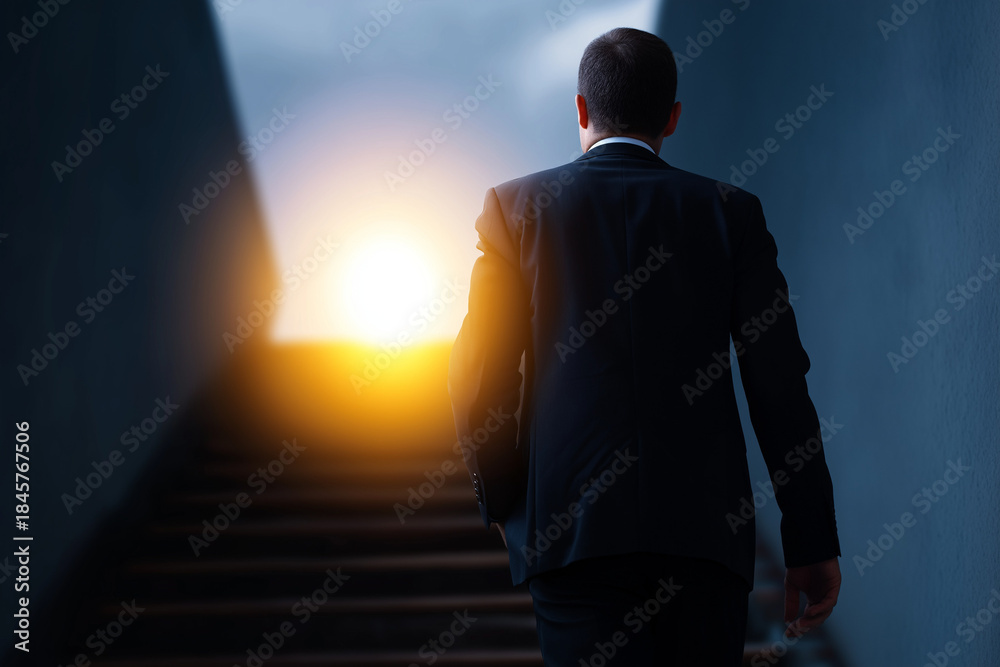Fototapeta premium A silhouette of a man in a suit walks up stone stairs towards a bright sunrise, symbolizing hope, new beginnings, and the pursuit of success against adversity.