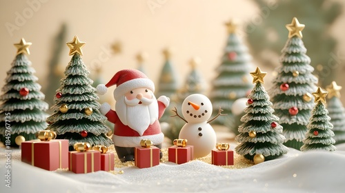 Festive Christmas banner with 3D Santa Claus and snowman miniature, pine trees and gift boxes. winter background scene.