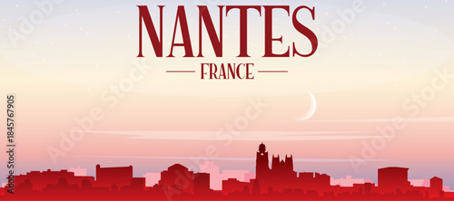 Red panoramic poster of the city skyline with misty background buildings, sunrise, moon and clouds of NANTES, FRANCE