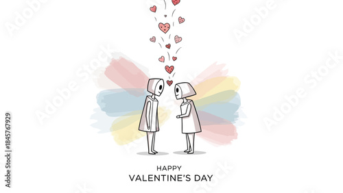 Robot couple exchanging loving hearts on valentine's day with colorful background