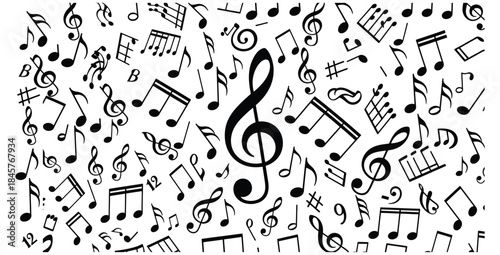 Seamless black and white pattern featuring various musical notes and clefs scattered randomly across the background