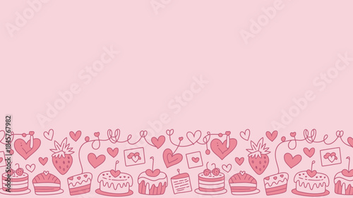 Sweet pink background with dessert and heart illustrations