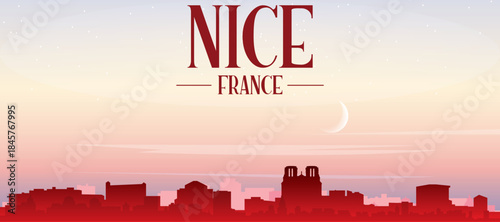 Red panoramic poster of the city skyline with misty background buildings, sunrise, moon and clouds of NICE, FRANCE