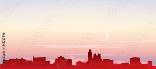 Red panoramic poster of the city skyline with misty background buildings, sunrise, moon and clouds of NANTES, FRANCE