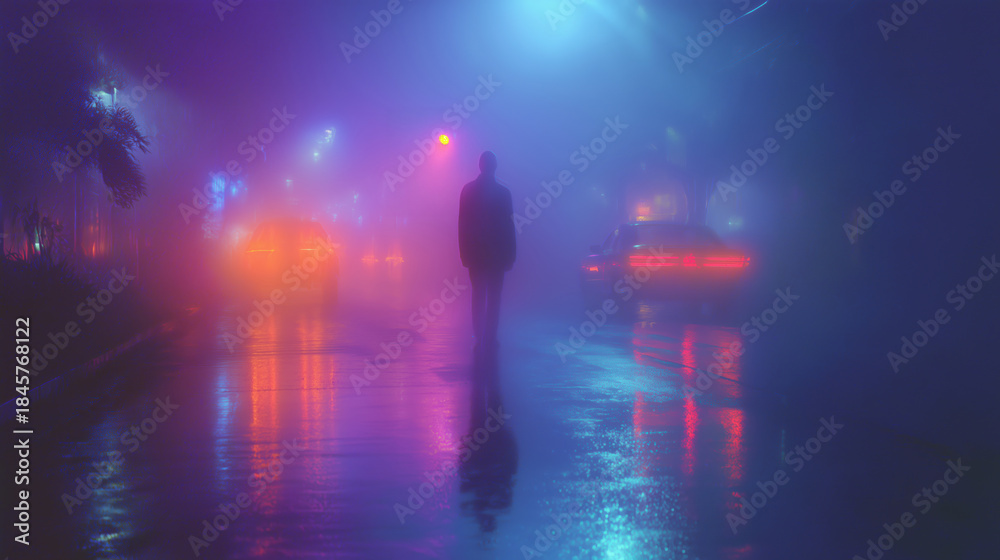 Naklejka premium Man walks alone at night. Street is wet and full of fog.