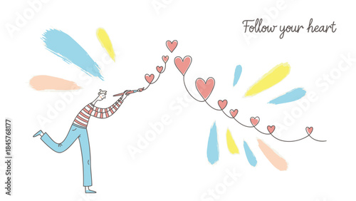 A man in striped shirt and blue jeans runs with scissors cutting string of pink hearts on white background with colorful brush strokes