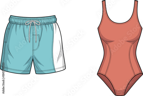 Blue Swim Shorts and Coral One- Piece Swimsuit on White Background swimwear bathing suit