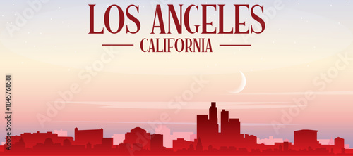 Red panoramic poster of the city skyline with misty background buildings, sunrise, moon and clouds of LOS ANGELES, CALIFORNIA