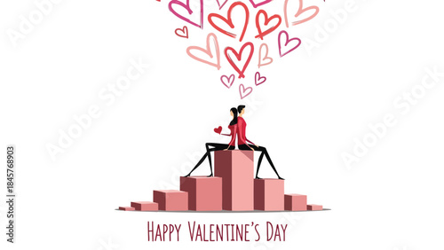 Loving couple sitting on pink blocks with hearts floating above on valentine's day