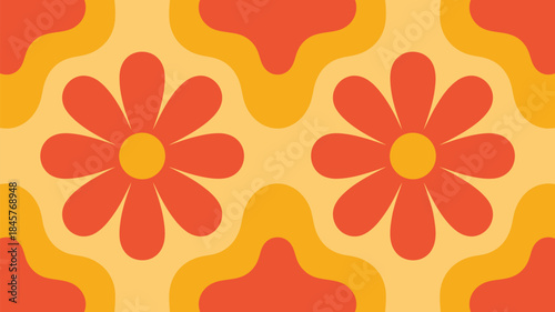 Vibrant floral pattern with orange flowers on yellow background