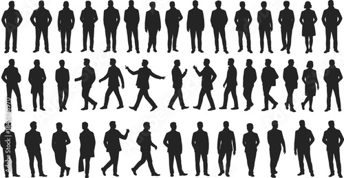 Collection of male human silhouettes in business attire and casual poses on a white background people