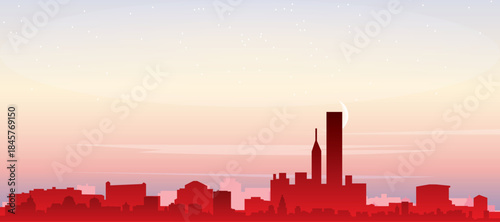 Red panoramic poster of the city skyline with misty background buildings, sunrise, moon and clouds of CHICAGO, ILLINOIS