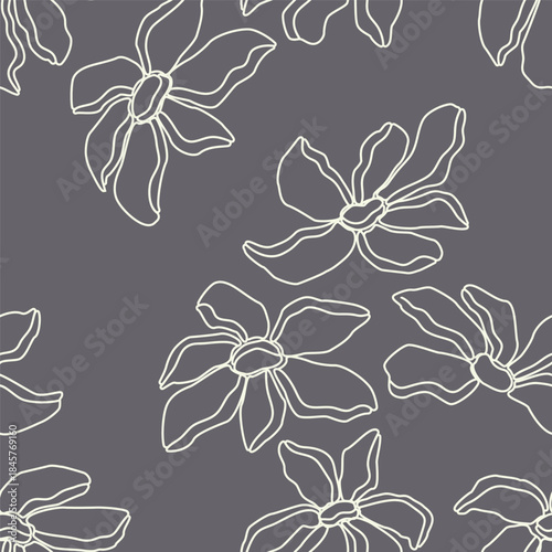 Seamless pattern linear floral design. Abstract, hand-drawn, large, light-colored outlines of flowers on grey background. Modern, fashionable print for fabric, textiles, clothing, and home decor