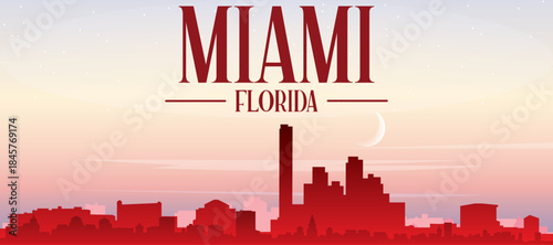 Red panoramic poster of the city skyline with misty background buildings, sunrise, moon and clouds of MIAMI, FLORIDA