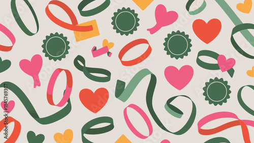 Vibrant colorful ribbons and hearts celebration pattern