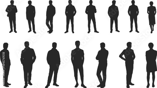 Diverse Collection of Male and Female Human Silhouettes Standing and Posing Keywords: silhouette, people, man, woman, standing