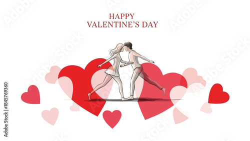Ballet dancers in love dancing on hearts, valentine's day greeting with couple in motion, red and pink hearts background