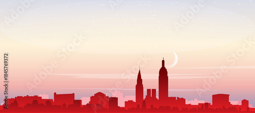 Red panoramic poster of the city skyline with misty background buildings, sunrise, moon and clouds of NEW YORK CITY, NEW YORK
