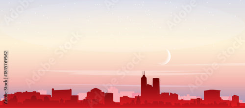 Red panoramic poster of the city skyline with misty background buildings, sunrise, moon and clouds of HONG KONG, CHINA