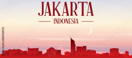 Red panoramic poster of the city skyline with misty background buildings, sunrise, moon and clouds of JAKARTA, INDONESIA