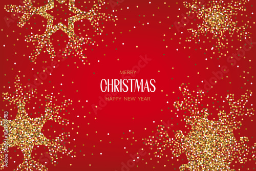 Vector red background with snowflakes and the text "Merry Christmas and Happy New Year." Snowflake-shaped confetti for your Christmas design. Christmas frame with snowflakes and space for text inside