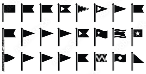 Collection of various black silhouette icons representing different shapes of nautical and signal flags on poles