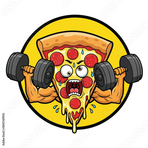 Funny cartoon pizza slice lifting dumbbells with muscular arms