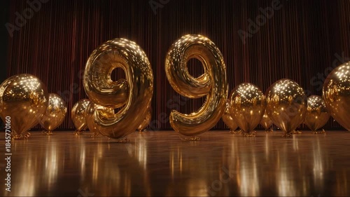 Golden balloon numbers 9 in festive setting with shimmering background  