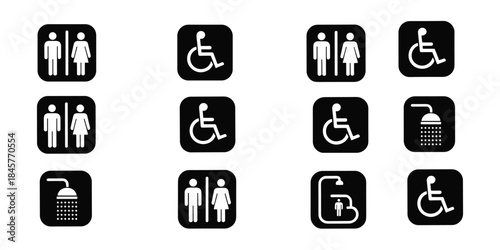 Set of Black and White Icons for Restrooms, Accessibility and Showers Keywords: icon, symbol, restroom, toilet, bathroom, men