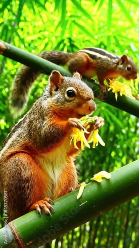 Two Squirrels Eating Flowers on a Bamboo Branch