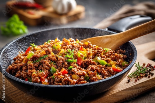 Juicy Minced Meat in Skillet With Onions and Bell Peppers in Casual Kitchen Setting
